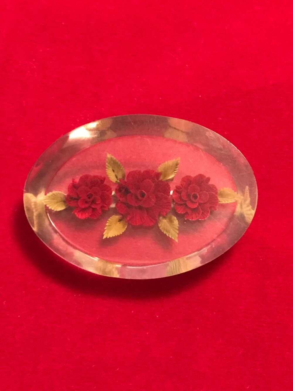 Vintage Oval Reverse Carved Lucite Red Rose Brooch Pin